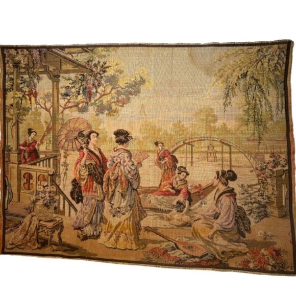 Large Vintage Asian Tapestry with Elegant Figures 40"x55" #726 - Picture 1 of 6